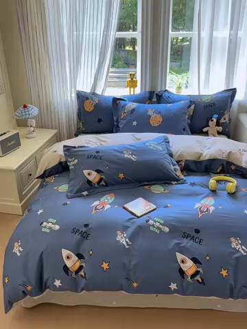 91家纺网 家纺一手货源 找家纺 金盛纺 2025新款全棉印花四件套 环游太空