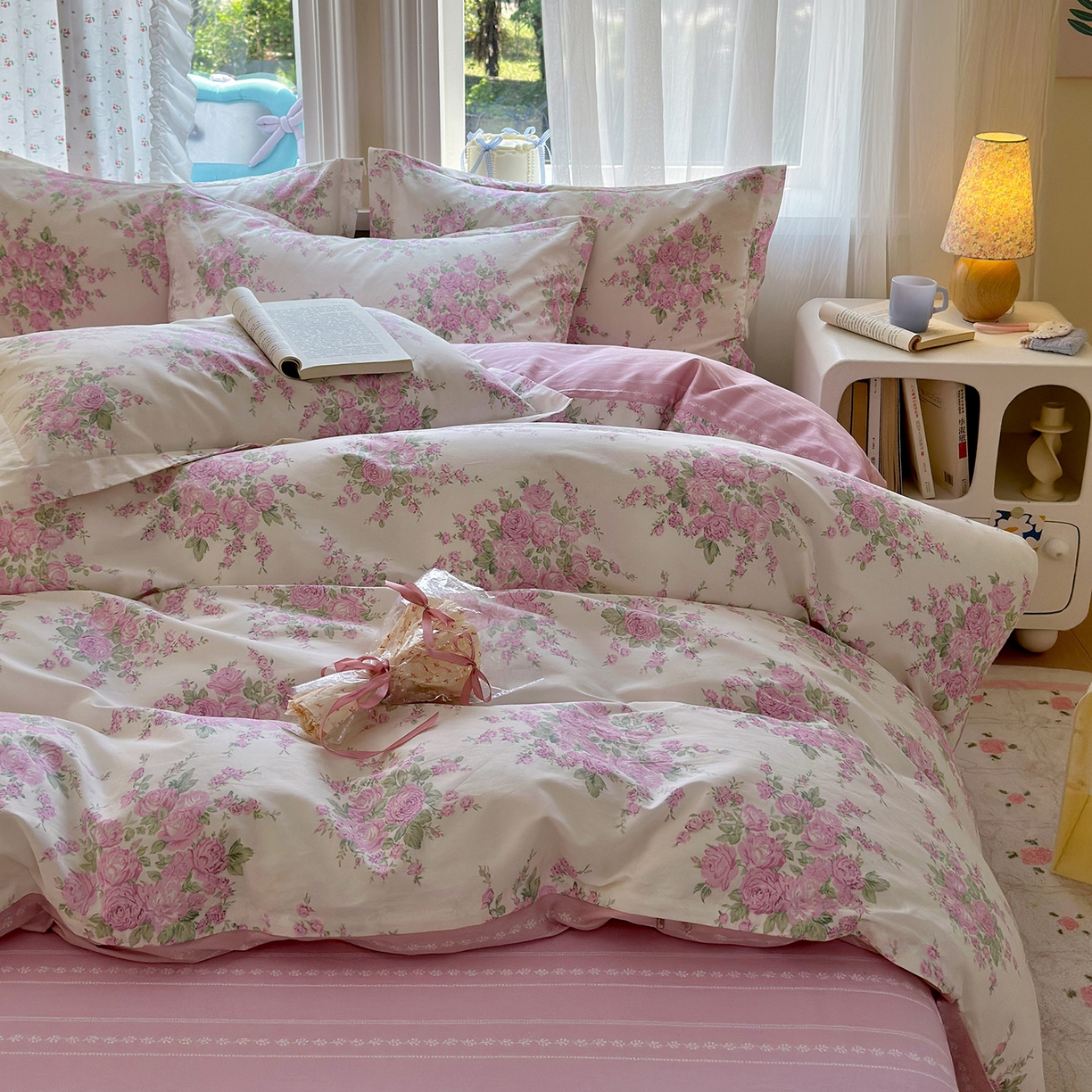 91家纺网 家纺一手货源 找家纺 金盛纺 2025新款全棉印花四件套 苏菲一粉