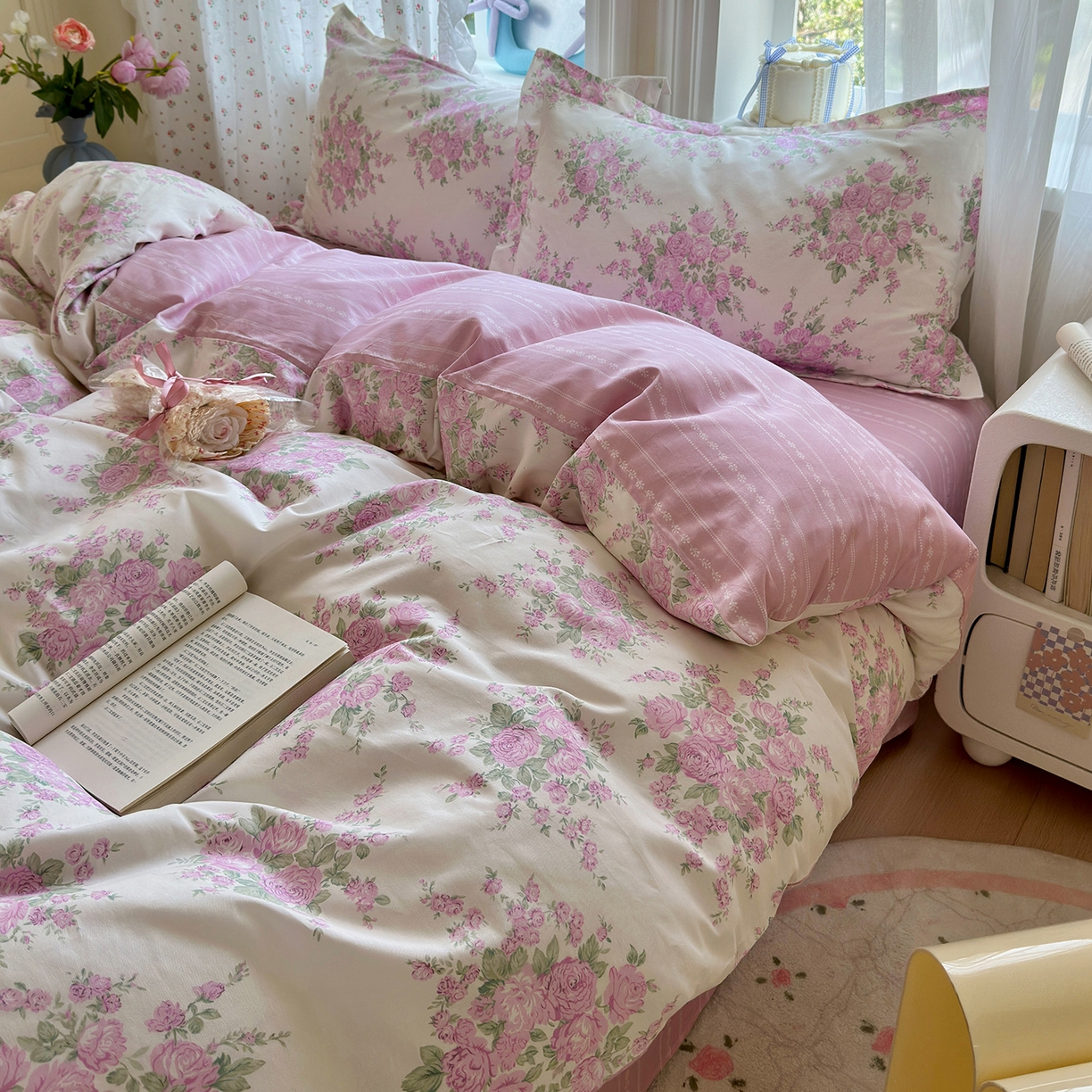 91家纺网 家纺一手货源 找家纺 金盛纺 2025新款全棉印花四件套 苏菲一粉