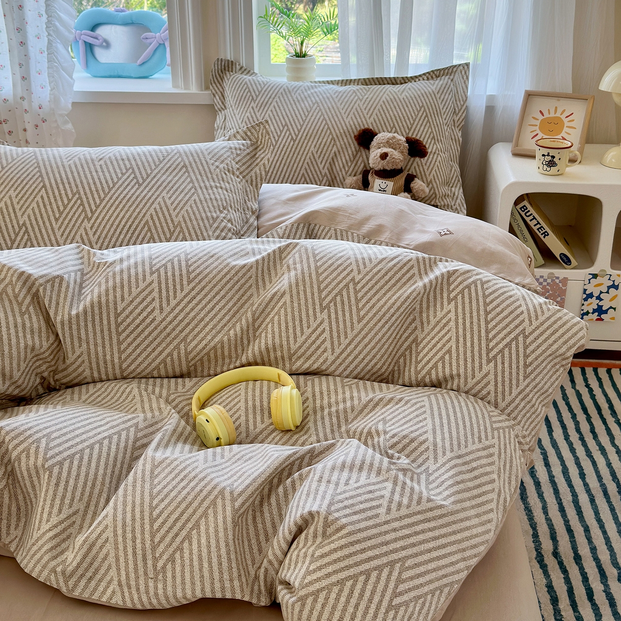 91家纺网 家纺一手货源 找家纺 金盛纺 2025新款全棉印花四件套 线韵时尚