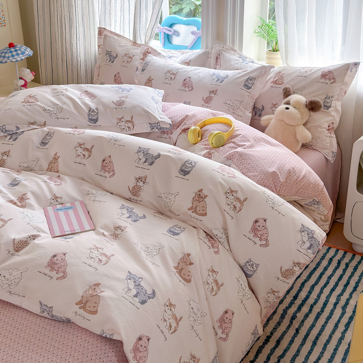 91家纺网 家纺一手货源 找家纺 金盛纺 2025新款全棉印花四件套 治愈猫