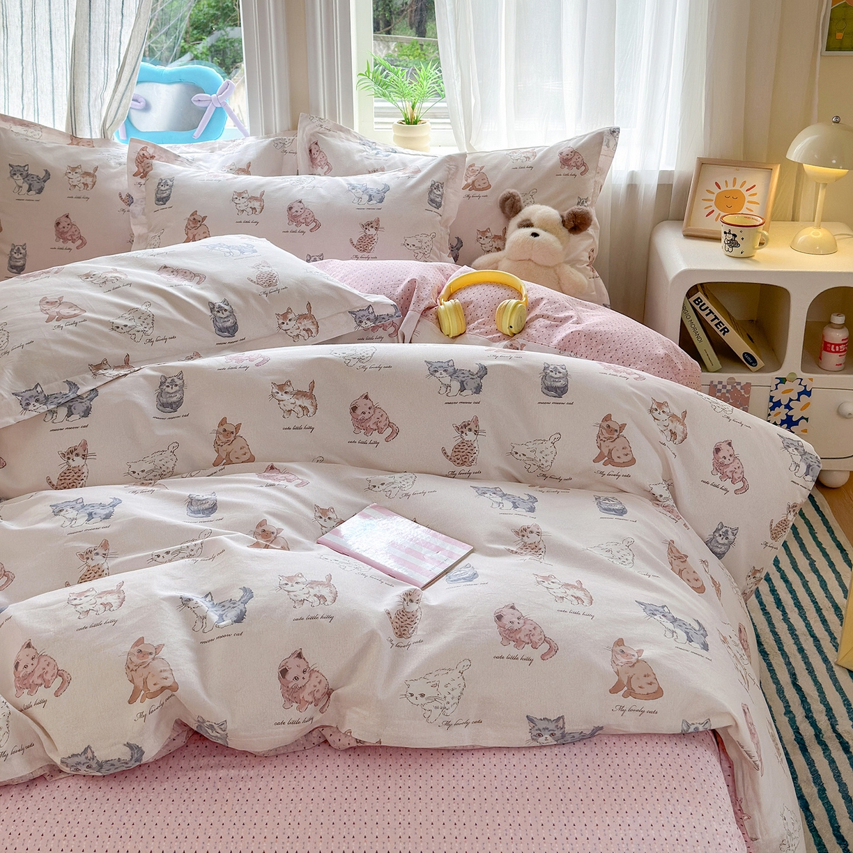 91家纺网 家纺一手货源 找家纺 金盛纺 2025新款全棉印花四件套 治愈猫