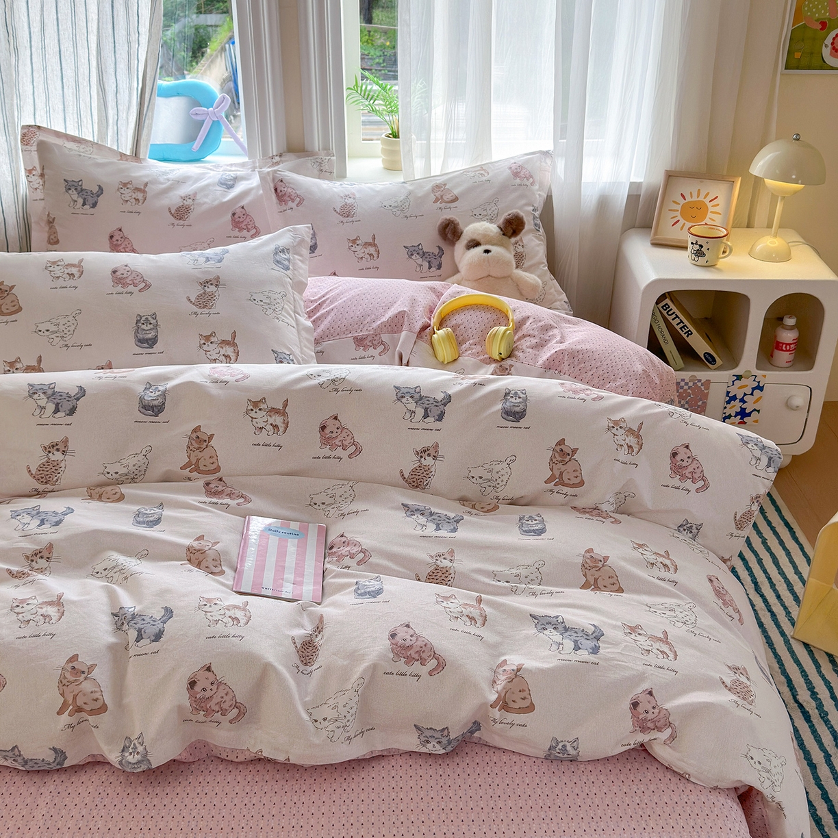 91家纺网 家纺一手货源 找家纺 金盛纺 2025新款全棉印花四件套 治愈猫