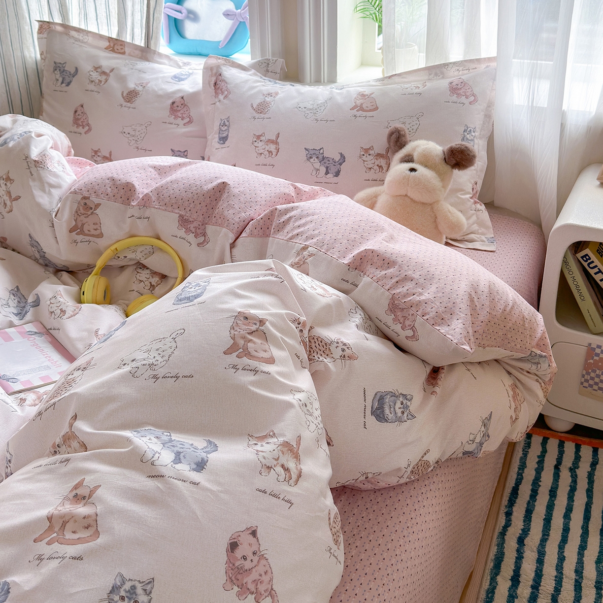 91家纺网 家纺一手货源 找家纺 金盛纺 2025新款全棉印花四件套 治愈猫