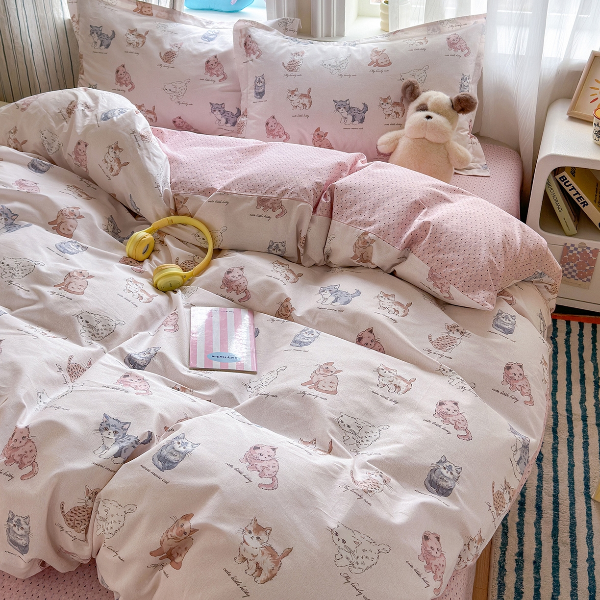 91家纺网 家纺一手货源 找家纺 金盛纺 2025新款全棉印花四件套 治愈猫