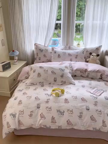 91家纺网 家纺一手货源 找家纺 金盛纺 2025新款全棉印花四件套 治愈猫