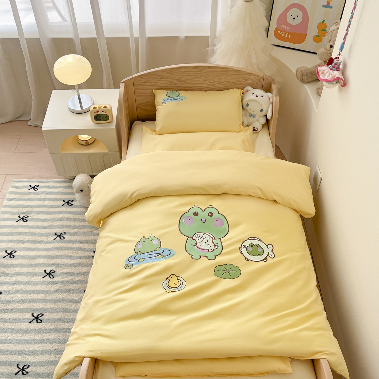 柔享家（原芷澜家纺）2025新款全棉高端贴布刺绣幼儿园套件儿童三件套被子被芯婴童宝宝六件套七件套 青蛙戏水黄
