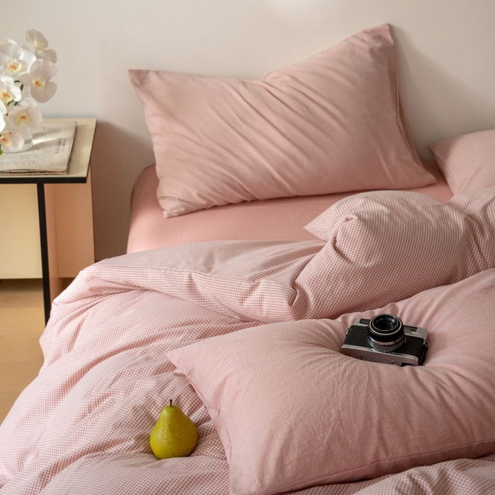 91家纺网 家纺一手货源 找家纺 玖弘家居 2025新款全棉纯棉水洗棉细格单床笠 皮粉细格