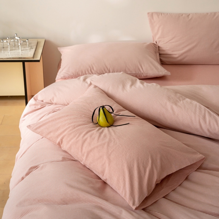 91家纺网 家纺一手货源 找家纺 玖弘家居 2025新款全棉纯棉水洗棉细格单床笠 皮粉细格