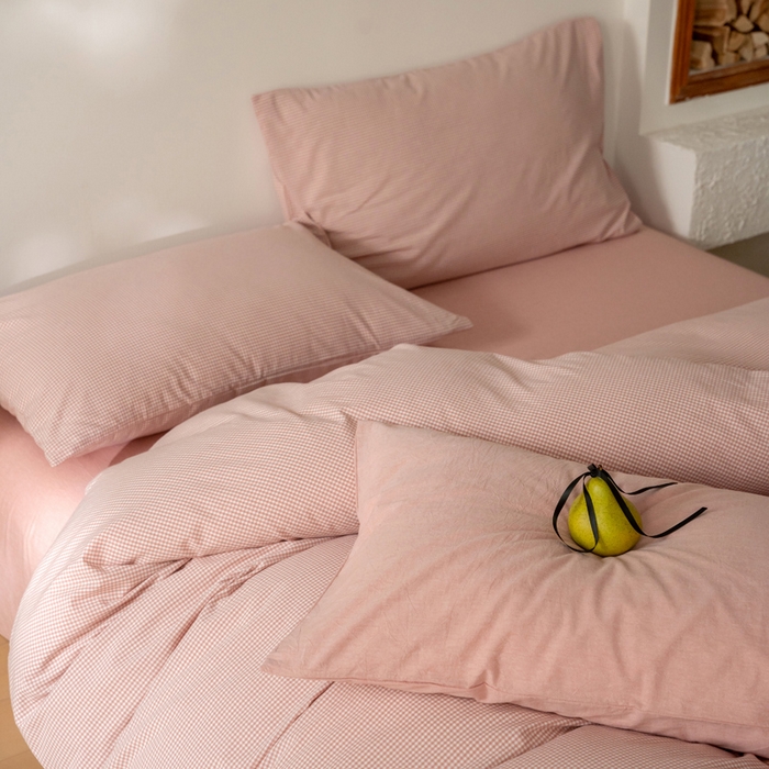 91家纺网 家纺一手货源 找家纺 玖弘家居 2025新款全棉纯棉水洗棉细格单床笠 皮粉细格