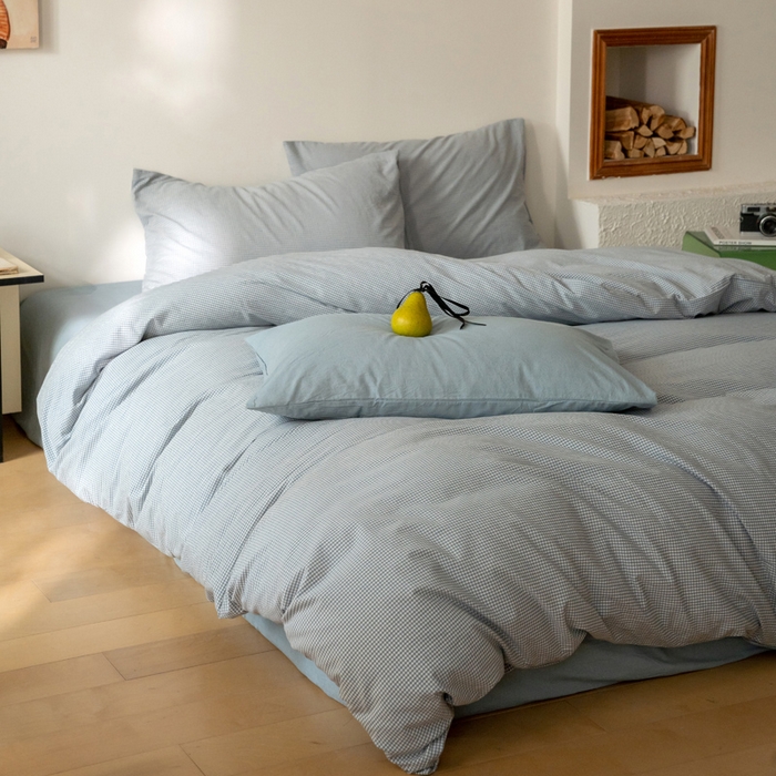 91家纺网 家纺一手货源 找家纺 玖弘家居 2025新款全棉纯棉水洗棉细格单床笠 蓝灰细格