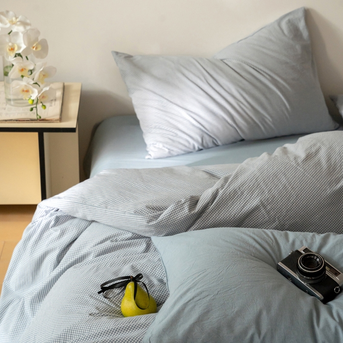 91家纺网 家纺一手货源 找家纺 玖弘家居 2025新款全棉纯棉水洗棉细格单床笠 蓝灰细格