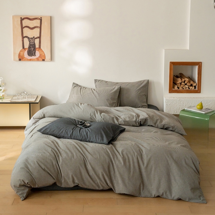 91家纺网 家纺一手货源 找家纺 玖弘家居 2025新款全棉纯棉水洗棉细格单床笠 黑咖细格