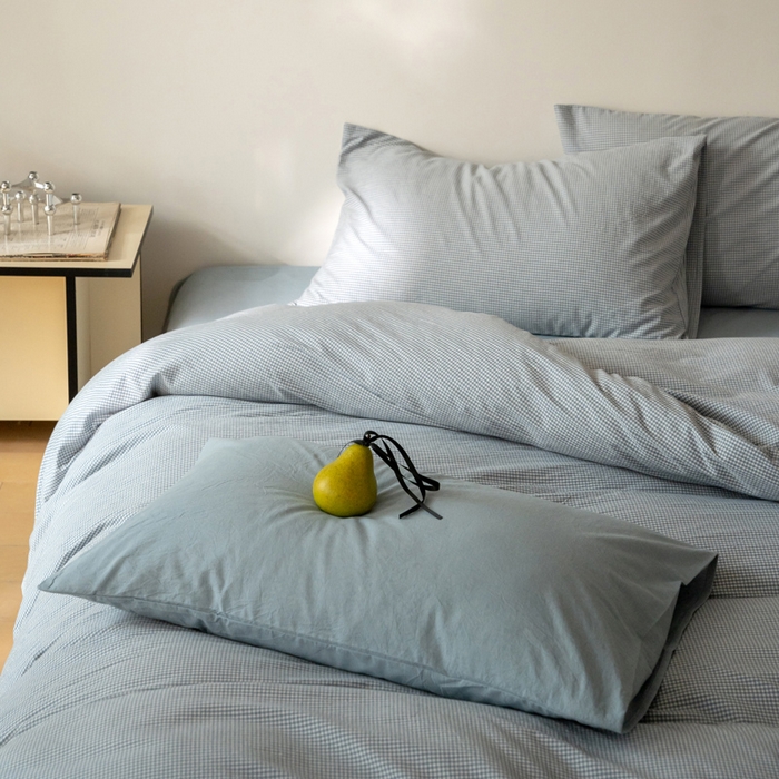 91家纺网 家纺一手货源 找家纺 玖弘家居 2025新款全棉纯棉水洗棉细格单床笠 蓝灰细格