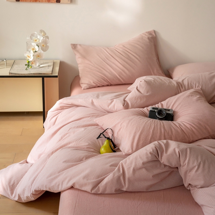 91家纺网 家纺一手货源 找家纺 玖弘家居 2025新款全棉纯棉水洗棉细格单床笠 皮粉细格