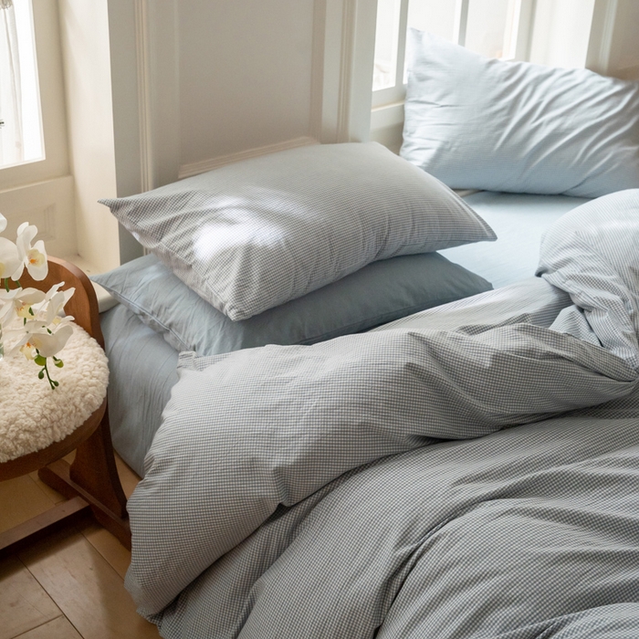 91家纺网 家纺一手货源 找家纺 玖弘家居 2025新款全棉纯棉水洗棉细格单床笠 蓝灰细格