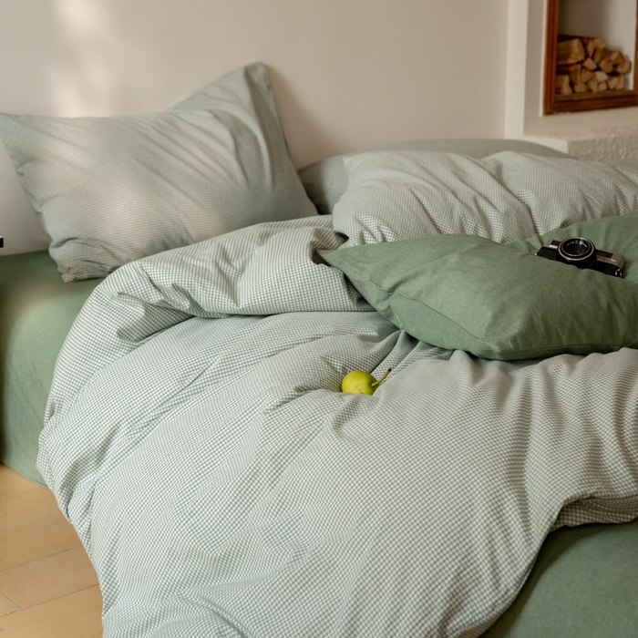 91家纺网 家纺一手货源 找家纺 玖弘家居 2025新款全棉纯棉水洗棉细格单床笠 豆绿细格
