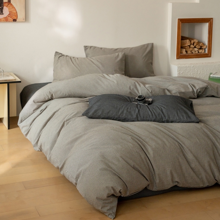 91家纺网 家纺一手货源 找家纺 玖弘家居 2025新款全棉纯棉水洗棉细格单床笠 黑咖细格