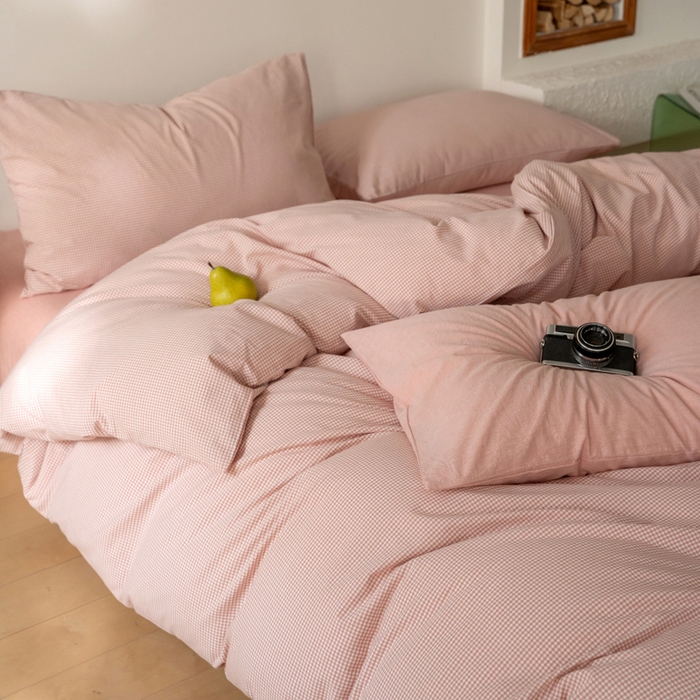 91家纺网 家纺一手货源 找家纺 玖弘家居 2025新款全棉纯棉水洗棉细格单床笠 皮粉细格