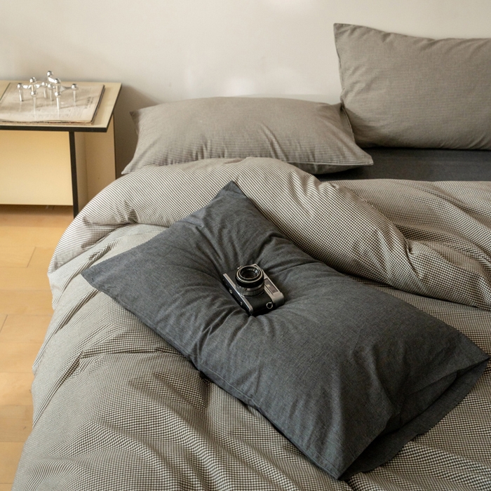 91家纺网 家纺一手货源 找家纺 玖弘家居 2025新款全棉纯棉水洗棉细格单床笠 黑咖细格