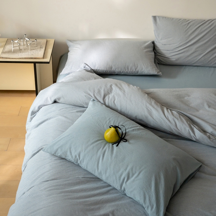 91家纺网 家纺一手货源 找家纺 玖弘家居 2025新款全棉纯棉水洗棉细格单床笠 蓝灰细格