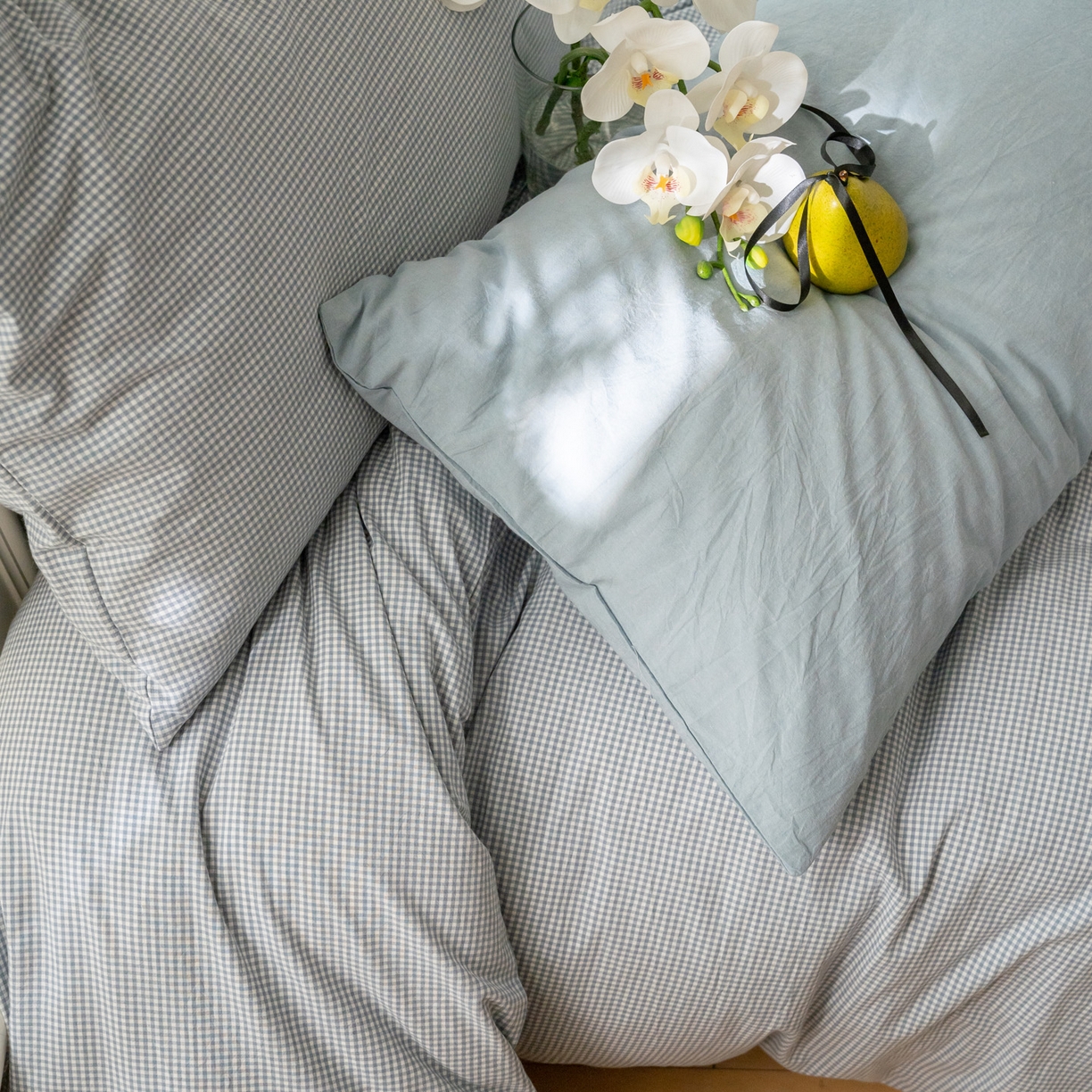 91家纺网 家纺一手货源 找家纺 玖弘家居 2025新款全棉纯棉水洗棉细格枕套单品 蓝灰细格