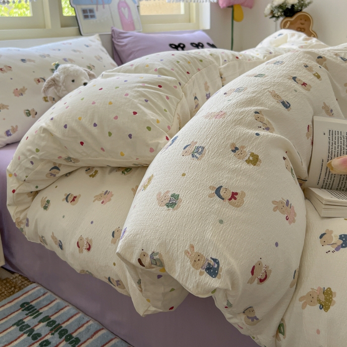 91家纺网 家纺一手货源 找家纺 三元色 2025新款软糯云感毛巾绣四件套 心动萌兔