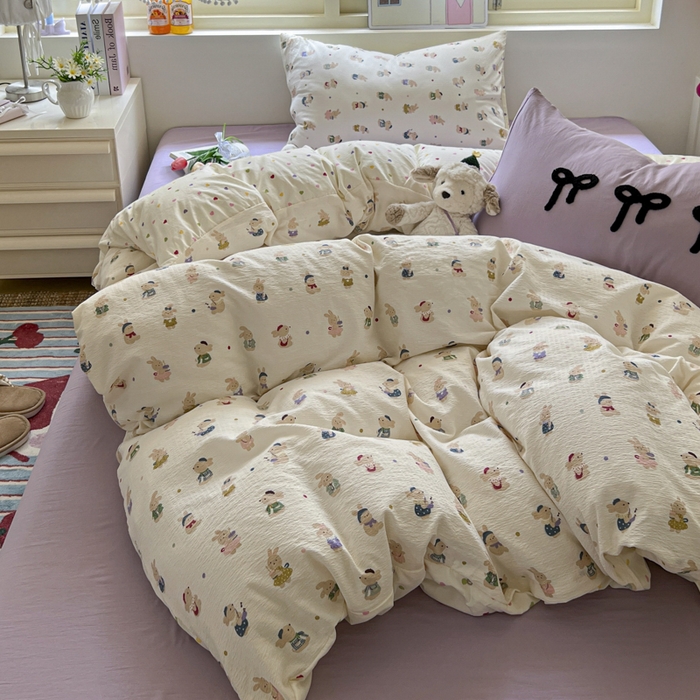 91家纺网 家纺一手货源 找家纺 三元色 2025新款软糯云感毛巾绣四件套 心动萌兔