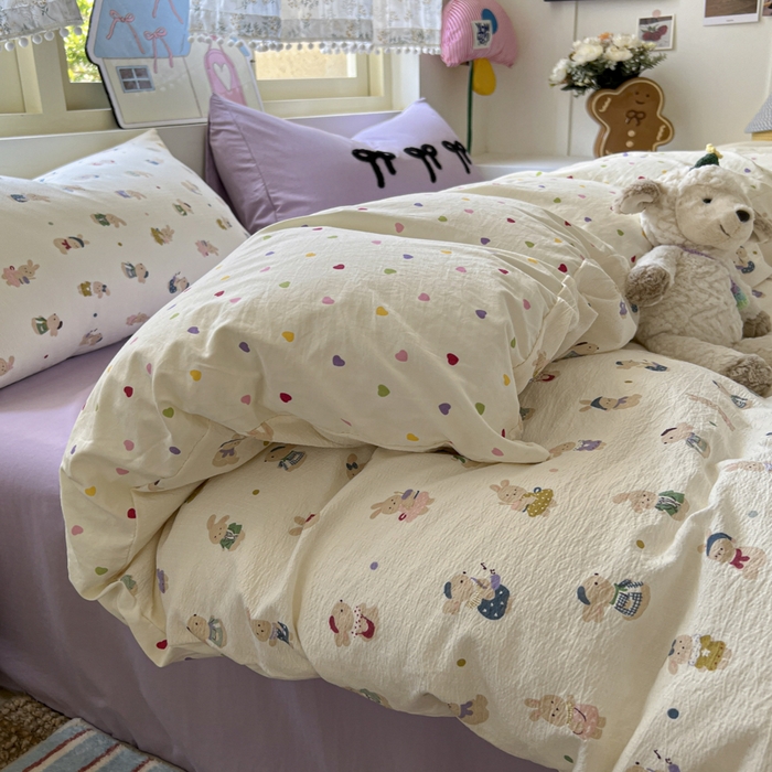 91家纺网 家纺一手货源 找家纺 三元色 2025新款软糯云感毛巾绣四件套 心动萌兔