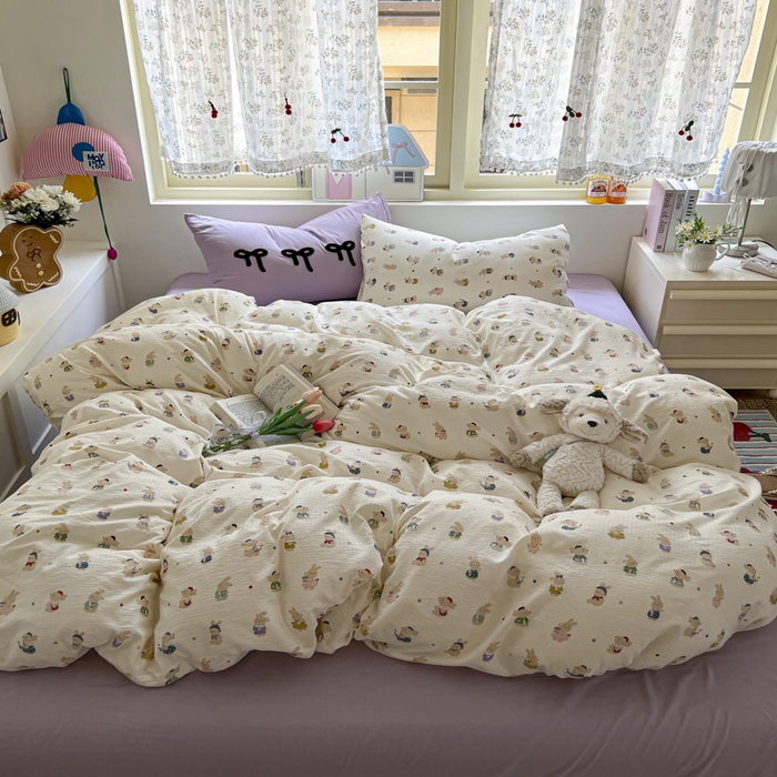 91家纺网 家纺一手货源 找家纺 三元色 2025新款软糯云感毛巾绣四件套 心动萌兔