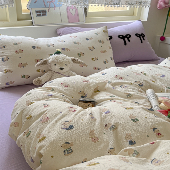 91家纺网 家纺一手货源 找家纺 三元色 2025新款软糯云感毛巾绣四件套 心动萌兔