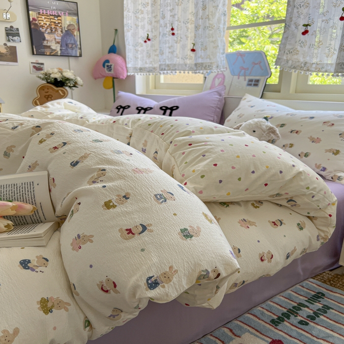 91家纺网 家纺一手货源 找家纺 三元色 2025新款软糯云感毛巾绣四件套 心动萌兔