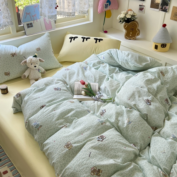 91家纺网 家纺一手货源 找家纺 三元色 2025新款软糯云感毛巾绣四件套 开心小象