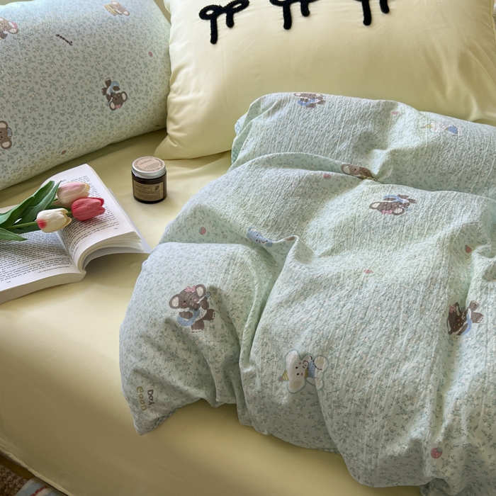 91家纺网 家纺一手货源 找家纺 三元色 2025新款软糯云感毛巾绣四件套 开心小象