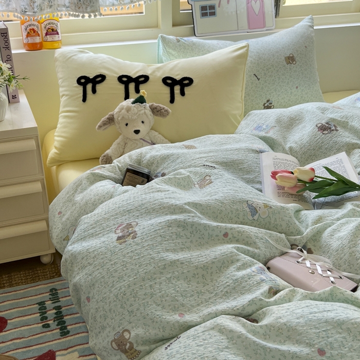 91家纺网 家纺一手货源 找家纺 三元色 2025新款软糯云感毛巾绣四件套 开心小象