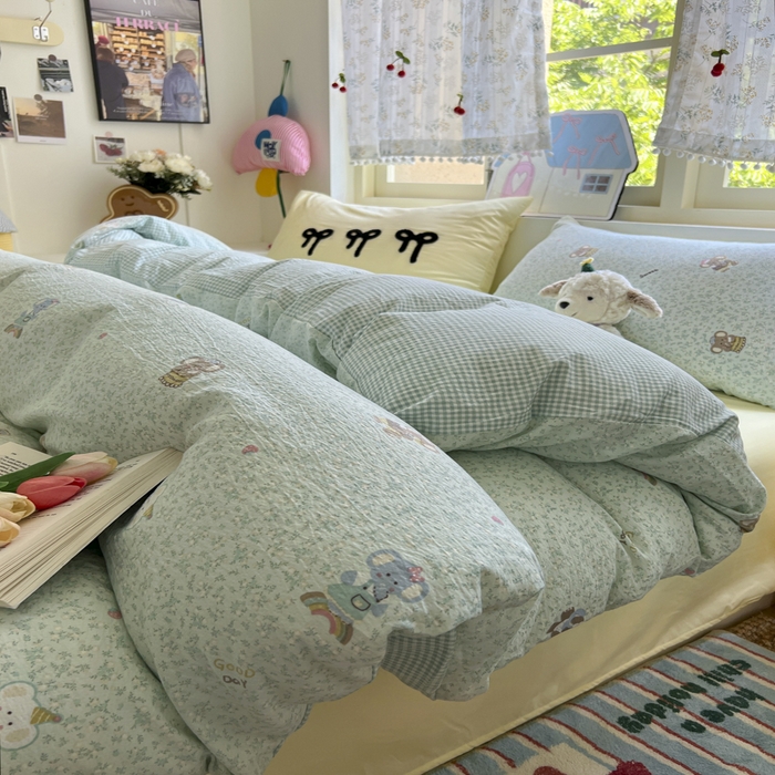 91家纺网 家纺一手货源 找家纺 三元色 2025新款软糯云感毛巾绣四件套 开心小象