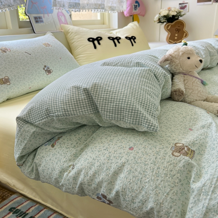 91家纺网 家纺一手货源 找家纺 三元色 2025新款软糯云感毛巾绣四件套 开心小象