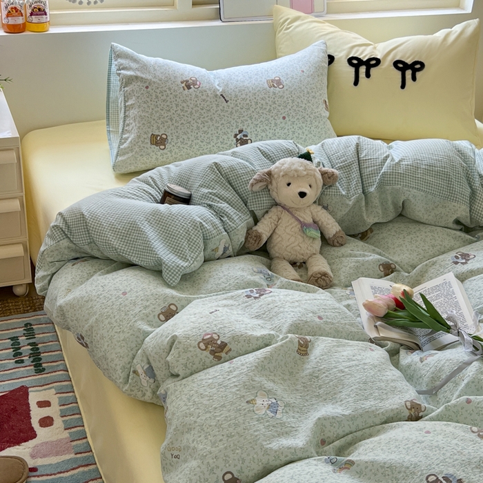 91家纺网 家纺一手货源 找家纺 三元色 2025新款软糯云感毛巾绣四件套 开心小象