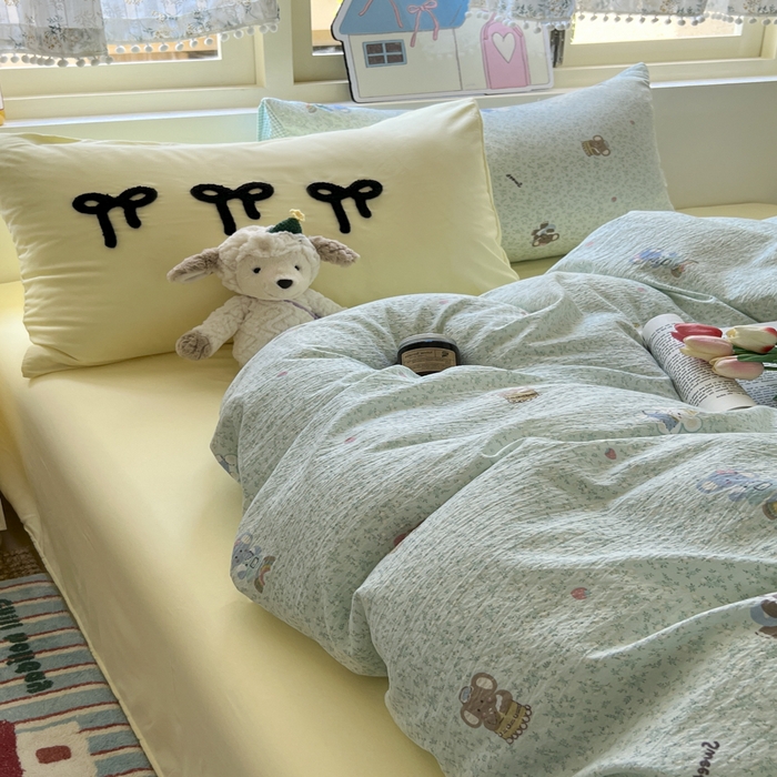 91家纺网 家纺一手货源 找家纺 三元色 2025新款软糯云感毛巾绣四件套 开心小象