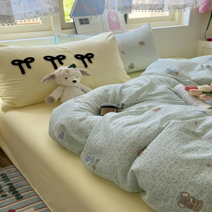 91家纺网 家纺一手货源 找家纺 三元色 2025新款软糯云感毛巾绣四件套 开心小象