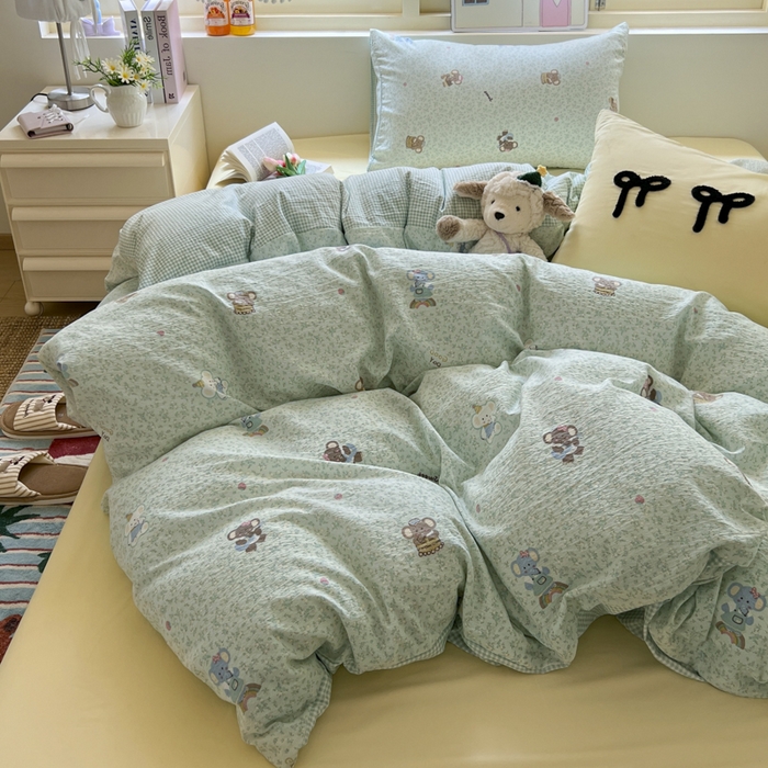 91家纺网 家纺一手货源 找家纺 三元色 2025新款软糯云感毛巾绣四件套 开心小象