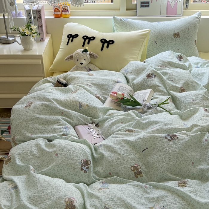 91家纺网 家纺一手货源 找家纺 三元色 2025新款软糯云感毛巾绣四件套 开心小象