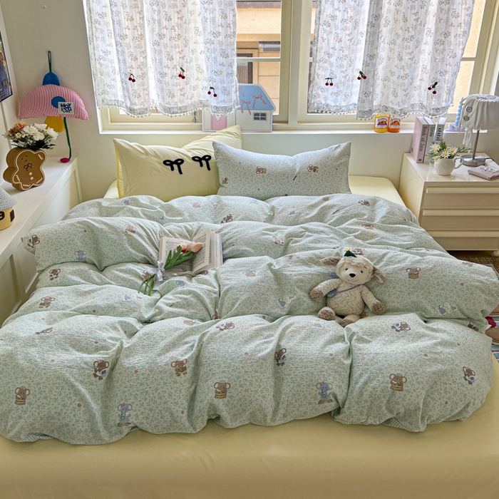 91家纺网 家纺一手货源 找家纺 三元色 2025新款软糯云感毛巾绣四件套 开心小象