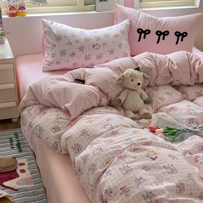 91家纺网 家纺一手货源 找家纺 三元色 2025新款软糯云感毛巾绣四件套 猫咪花园