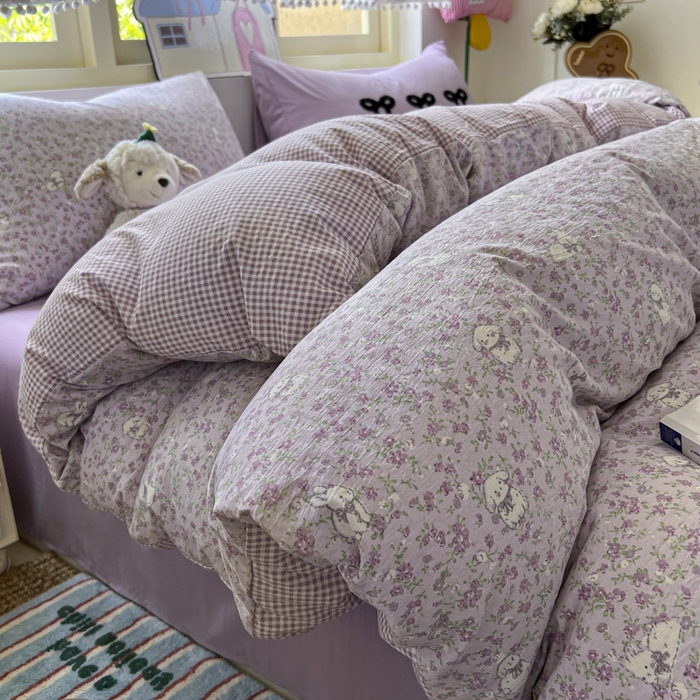 91家纺网 家纺一手货源 找家纺 三元色 2025新款软糯云感毛巾绣四件套 兔茶春日