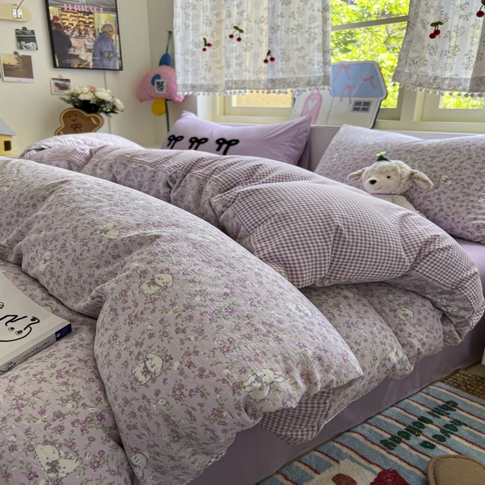 91家纺网 家纺一手货源 找家纺 三元色 2025新款软糯云感毛巾绣四件套 兔茶春日