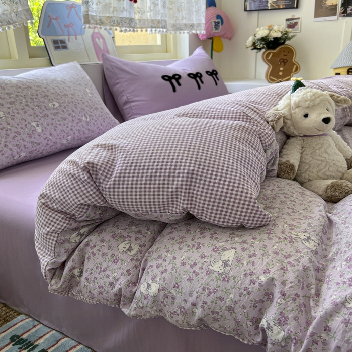 91家纺网 家纺一手货源 找家纺 三元色 2025新款软糯云感毛巾绣四件套 兔茶春日