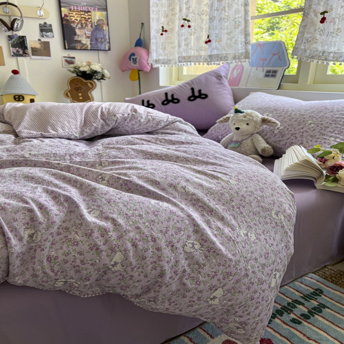 91家纺网 家纺一手货源 找家纺 三元色 2025新款软糯云感毛巾绣四件套 兔茶春日