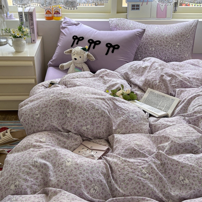 91家纺网 家纺一手货源 找家纺 三元色 2025新款软糯云感毛巾绣四件套 兔茶春日