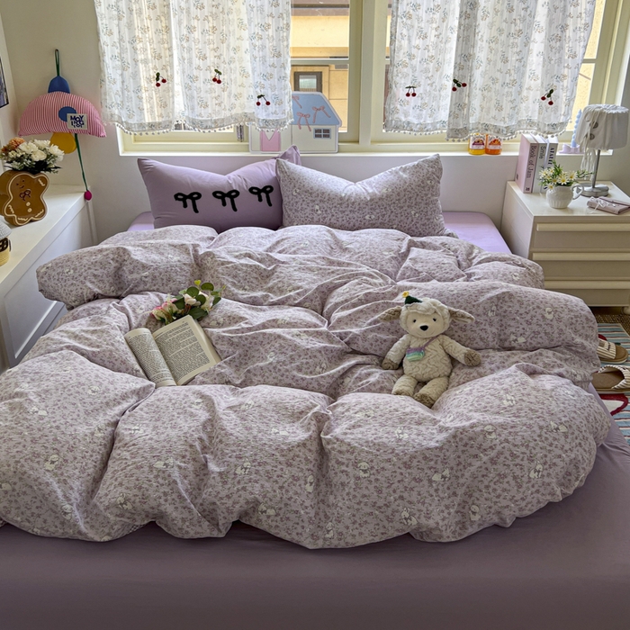 91家纺网 家纺一手货源 找家纺 三元色 2025新款软糯云感毛巾绣四件套 兔茶春日